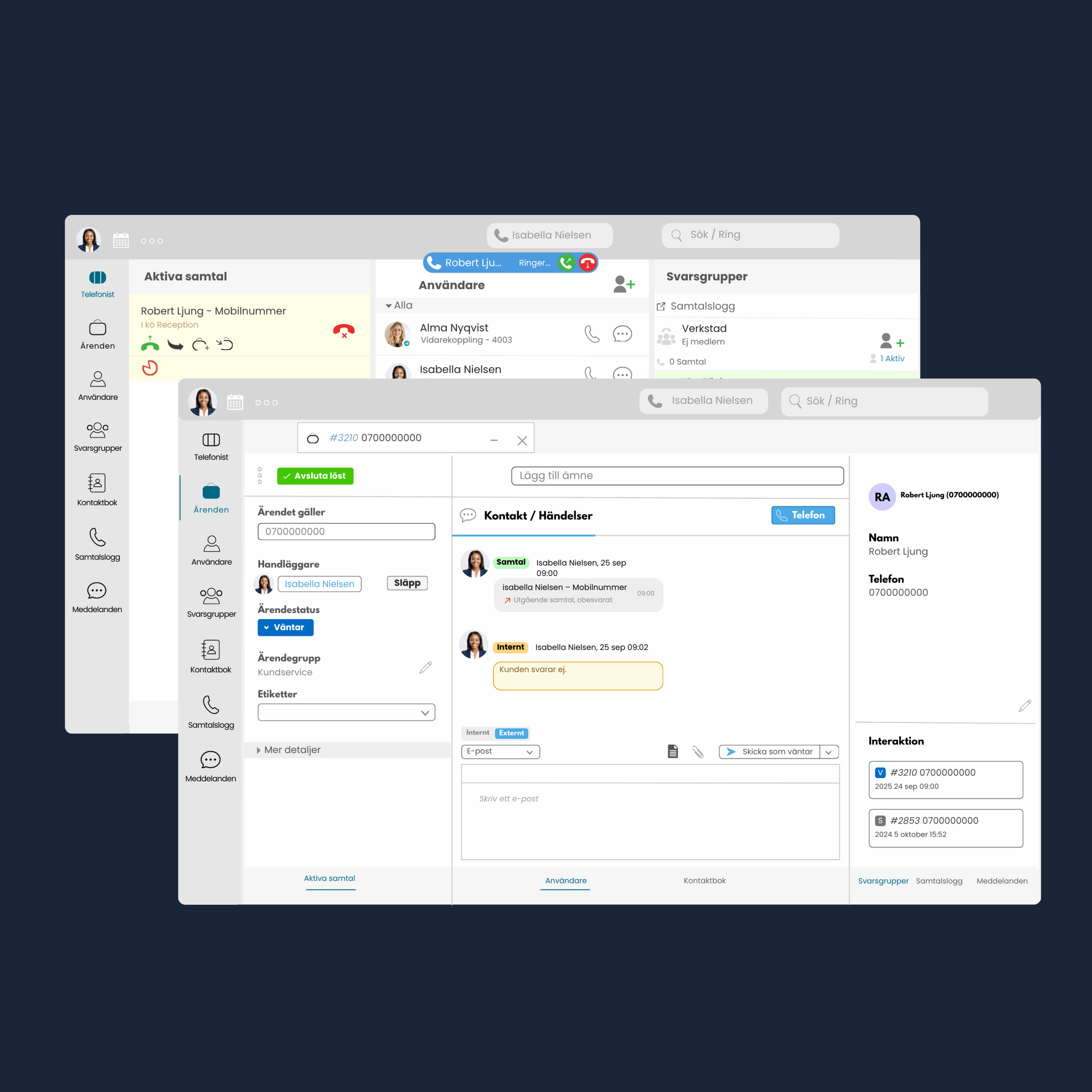 Två skärmdumpar av ärendehanteringssystemet MBX med mörkblå bakgrund.