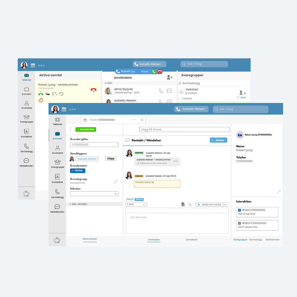 Två skärmavbilder på ärendehanteringssystemet MBX.